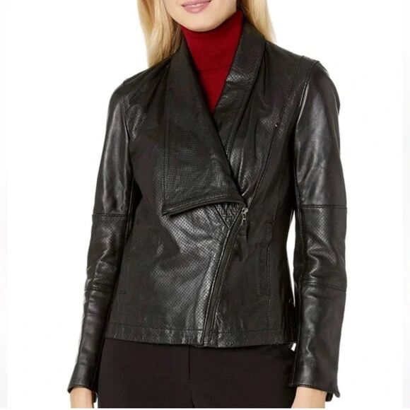 Ann Klein perforated asymmetrical black leather jacket size 8, NWOT - Picture 2 of 10